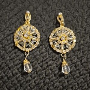 Elegant Gold with Rhinestone Dangle Clip On Earrings